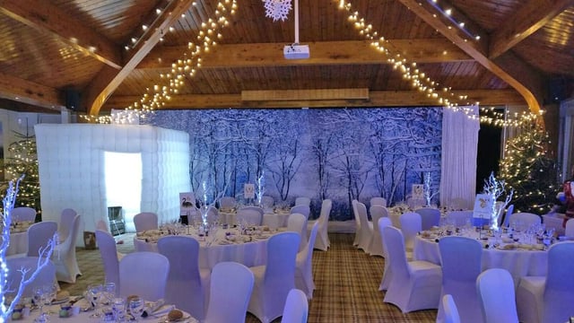 Winter woodland style of Christmas Decorations inside The Safari Lodge at Woburn Safari Park