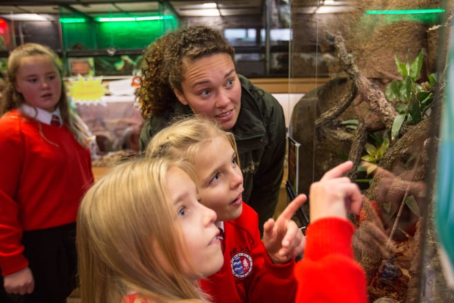 Two school girls point at an animal in the reptile house at Woburn Safari Park