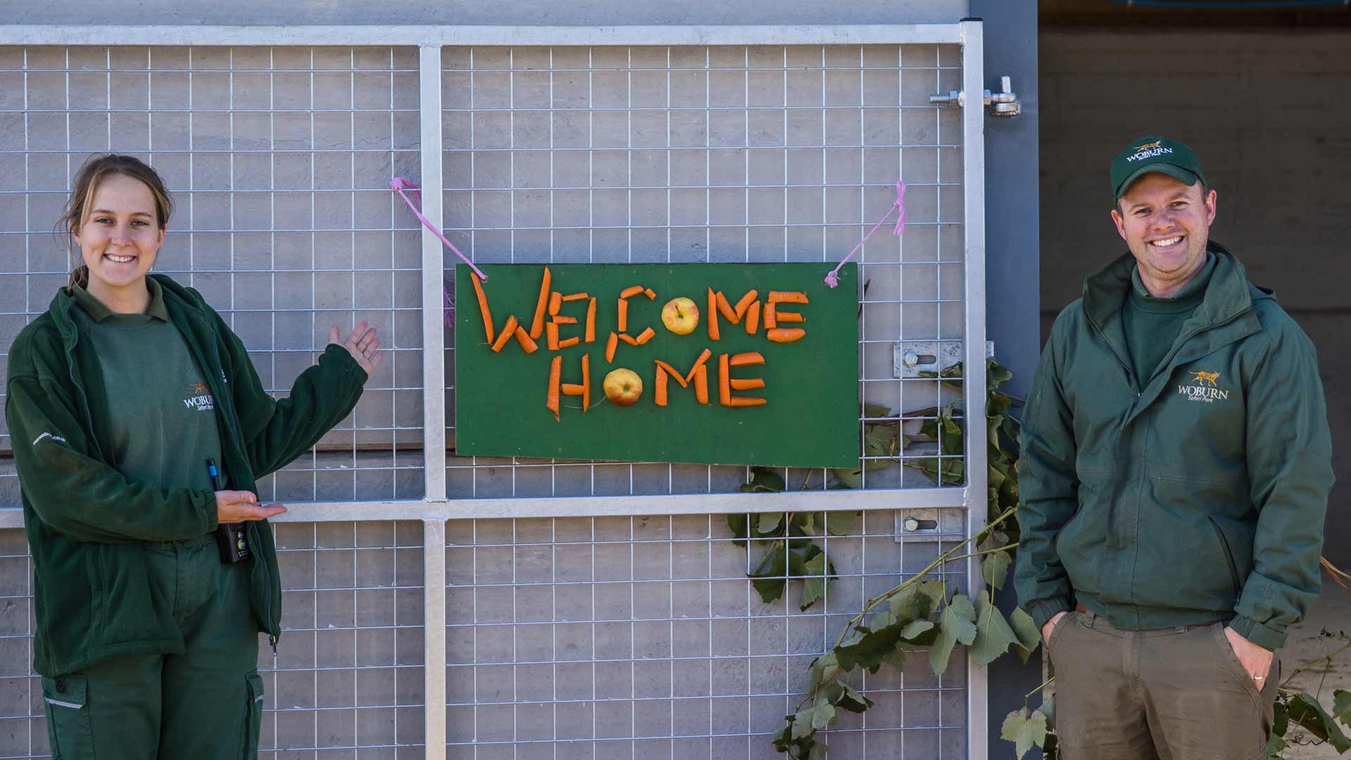 Two keepers in green Woburn Safari Park tshirts stand next to a sign that says 'welcome home'