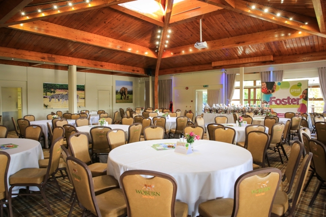 Rounded event tables set up in Safari Lodge 